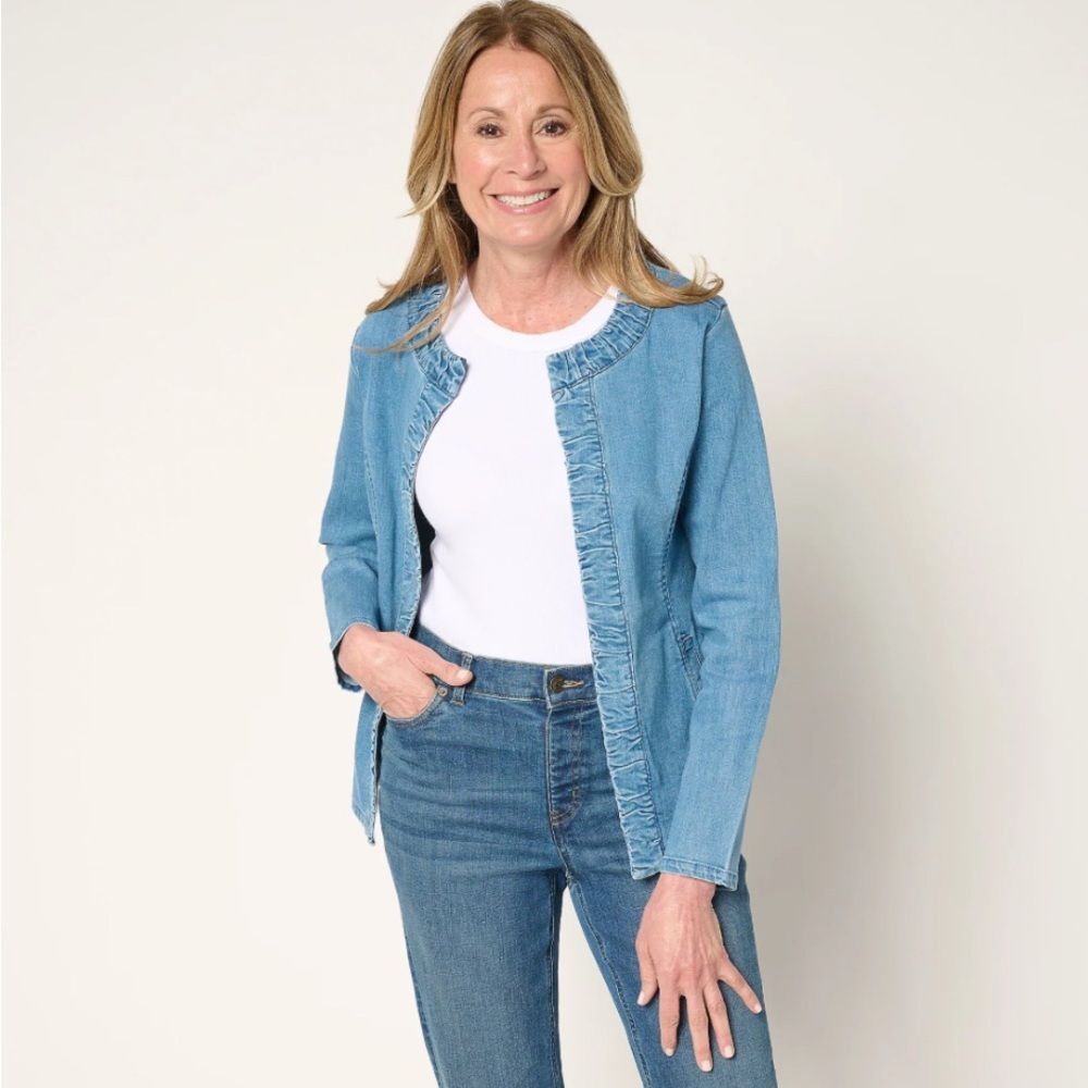 Susan Graver Ruched Front Stretch Denim Jacket Medium Wash Size XL